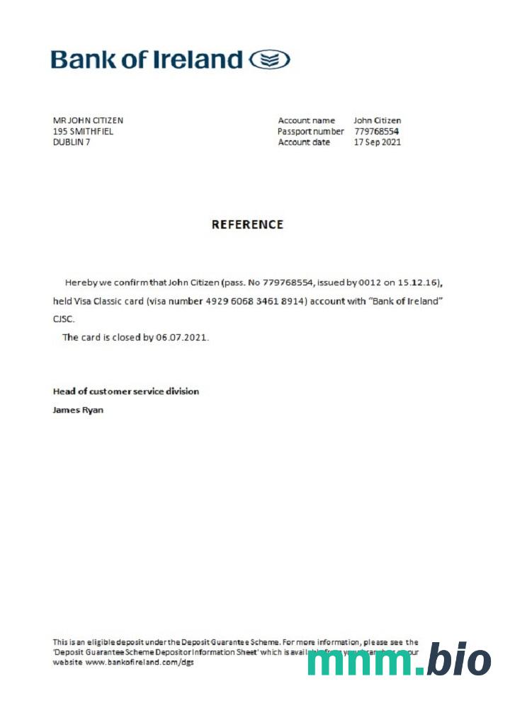 Przykład odniesienia do zamknięcia Ireland bank of Ireland w formatach Word i PDF
